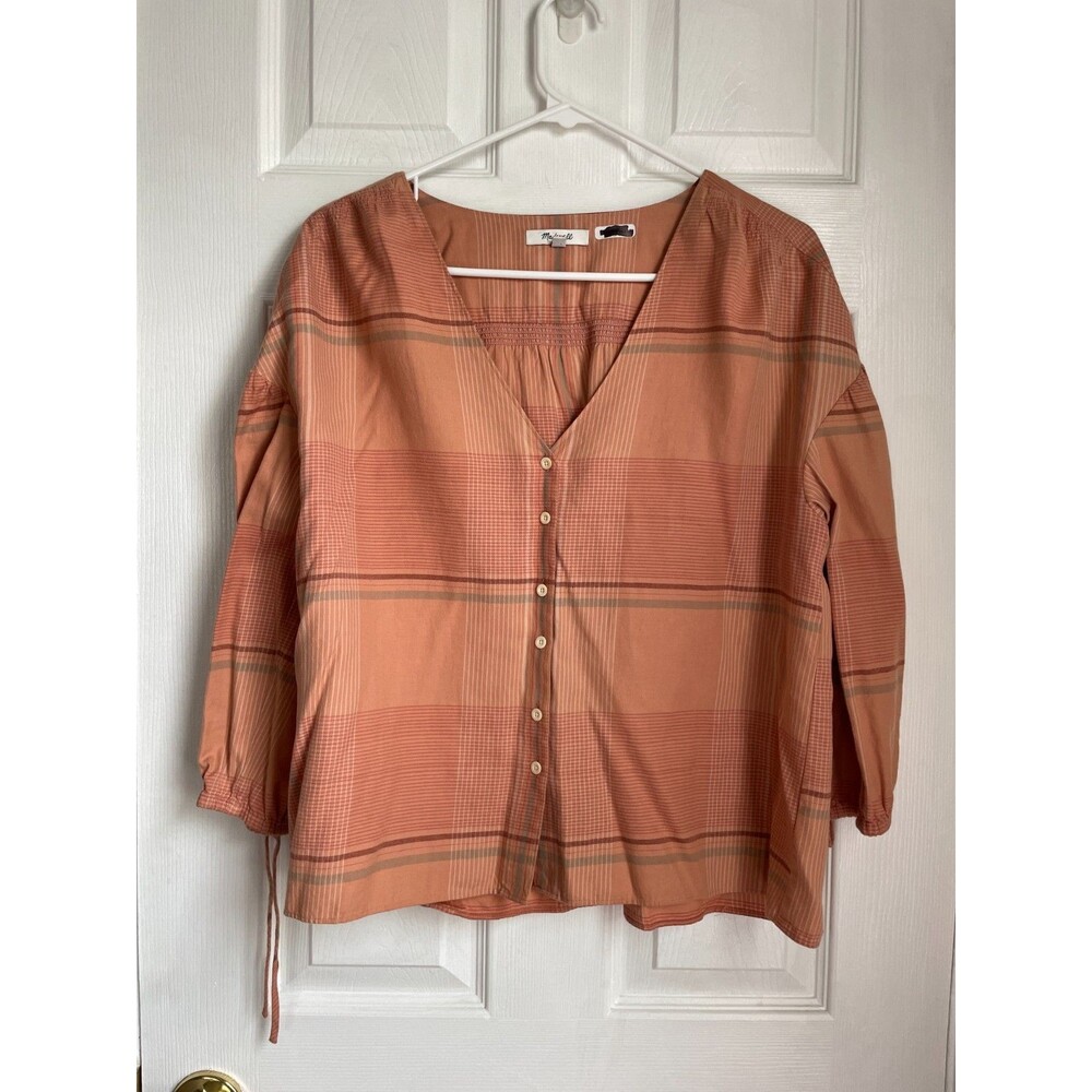 Madewell Plaid Shirt Women's Small Morningview Puff-Sleeve Peach Button Up